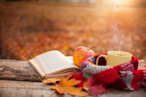 Tea mug with warm scarf open book and apple, Autumn, Falling, Leaf, Book