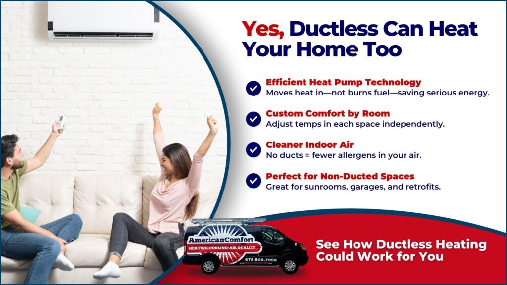 This is an image of a couple on the couch controlling their ductless heating unit. The headline reads. Yes, ductless can heat your home too.