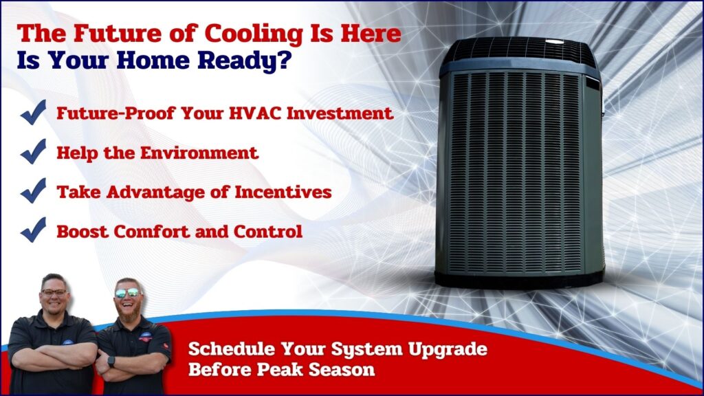This is an image with the futuristic background with an AC unit on top of it. The headline reads the future of cooling is here. Is your home ready?