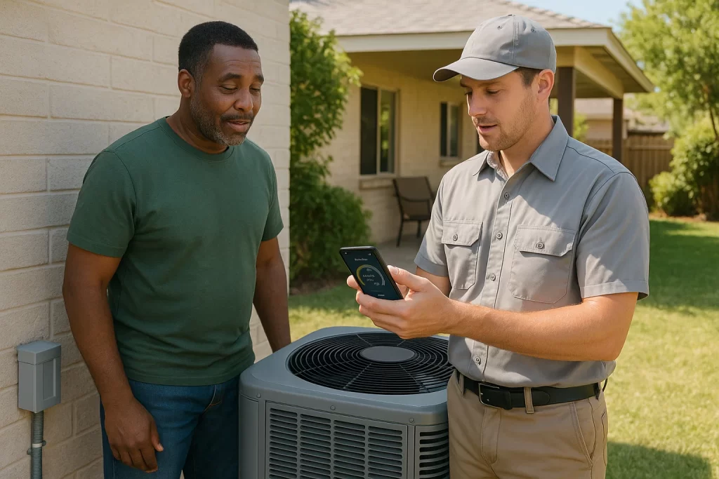 Homeowner and HVAC tech diagnosing AC with smartphone app outside