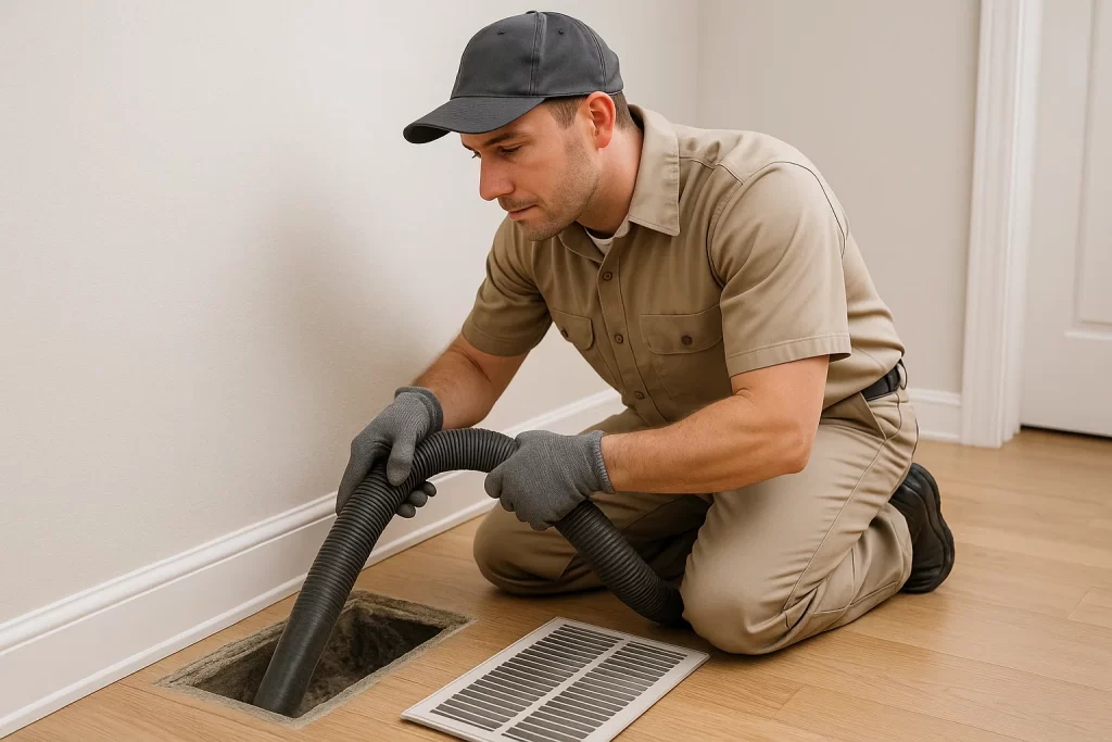 HVAC technician performing air duct cleaning in Winder home.