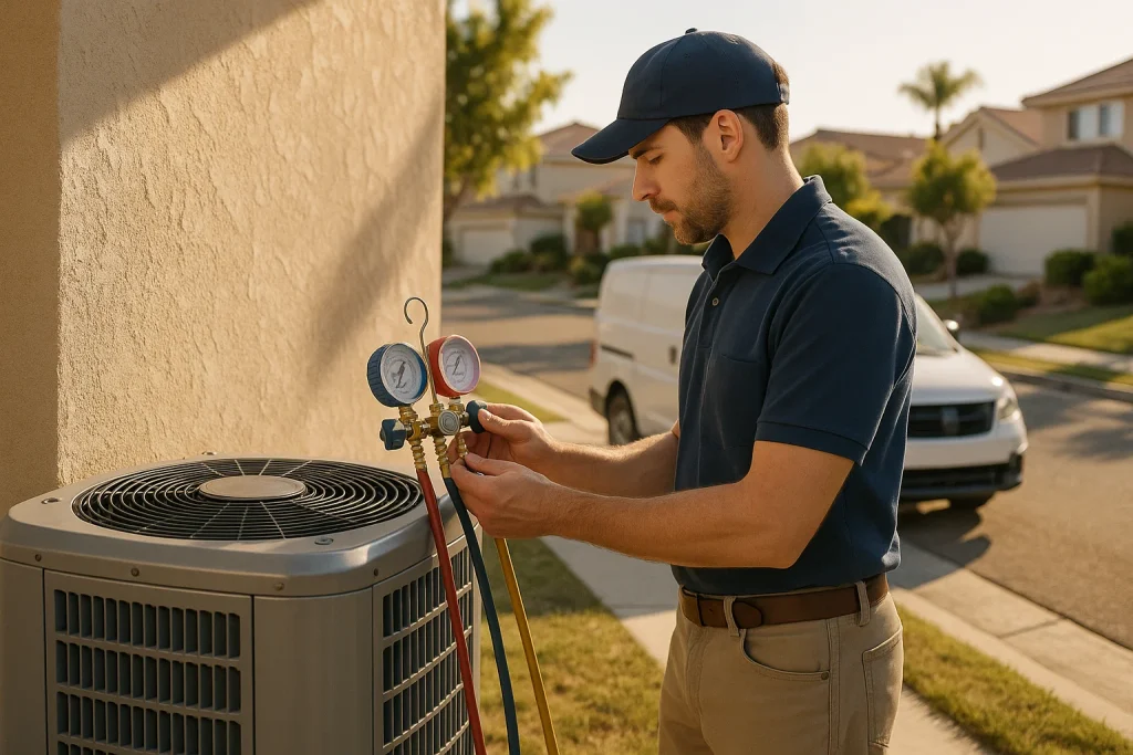 Technician testing refrigerant on new AC unit during mid-summer installation