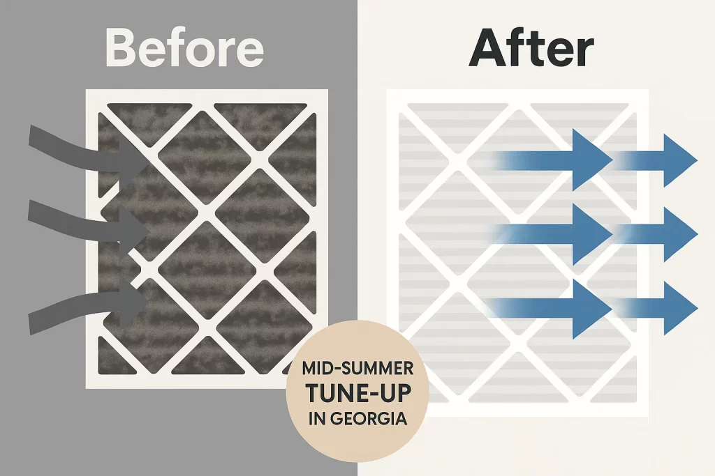 Before-and-after infographic illustrating filter cleaning during mid‑summer tune-up