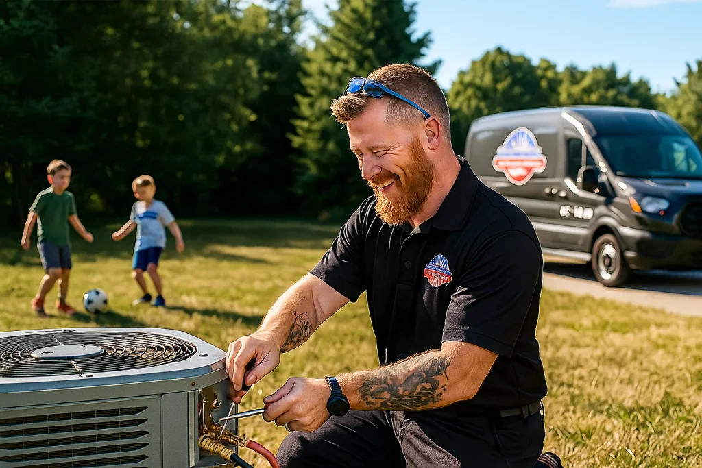 Technician repairing outdoor AC unit under hot August afternoon to prevent breakdown