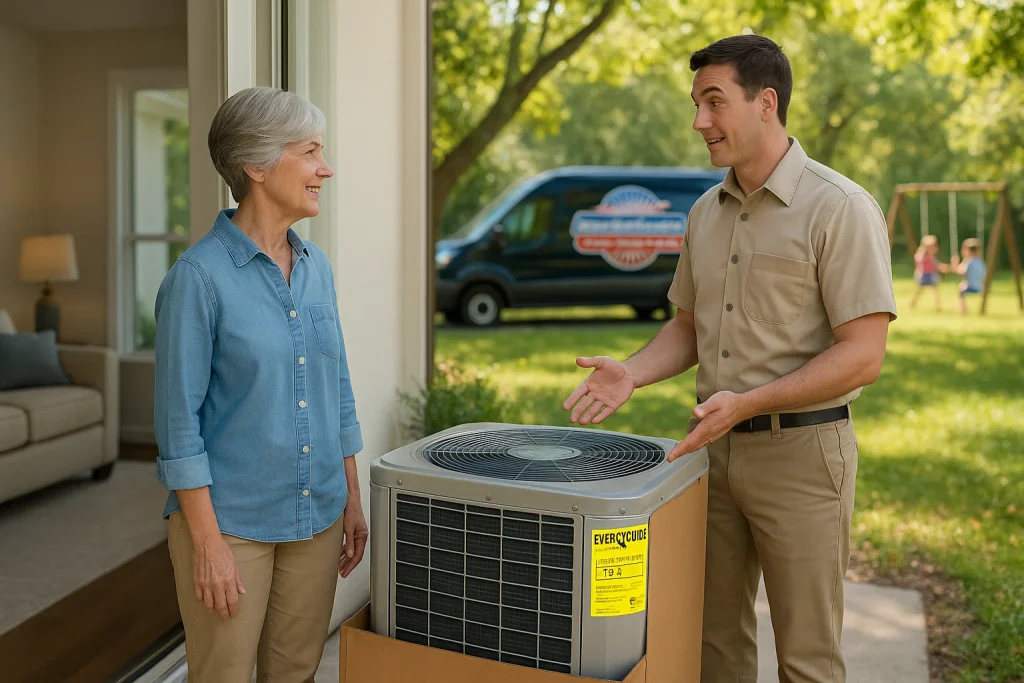 An HVAC technician showing a homeowner a new AC unit