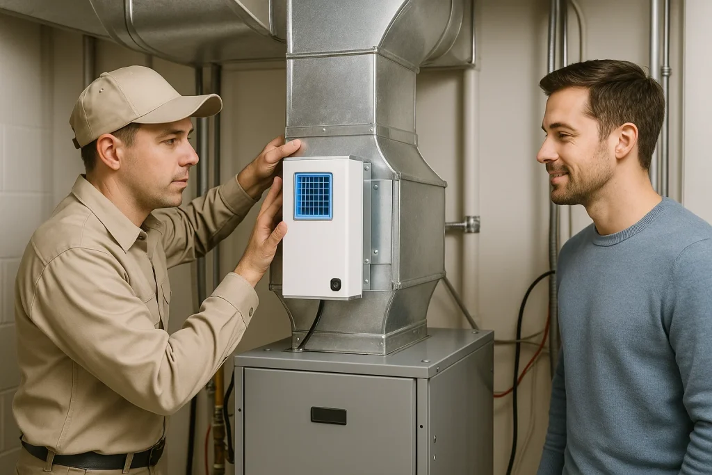 Technician installing whole-home air purifier by furnace unit