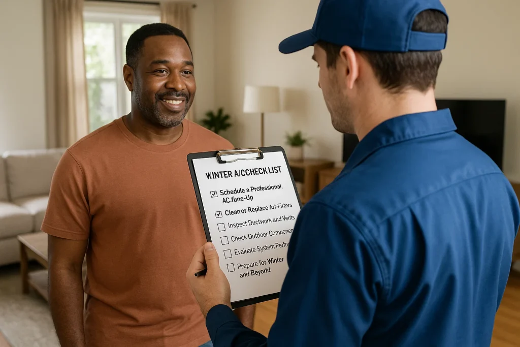 An image of an HVAC tech showing a homeowner a checklist