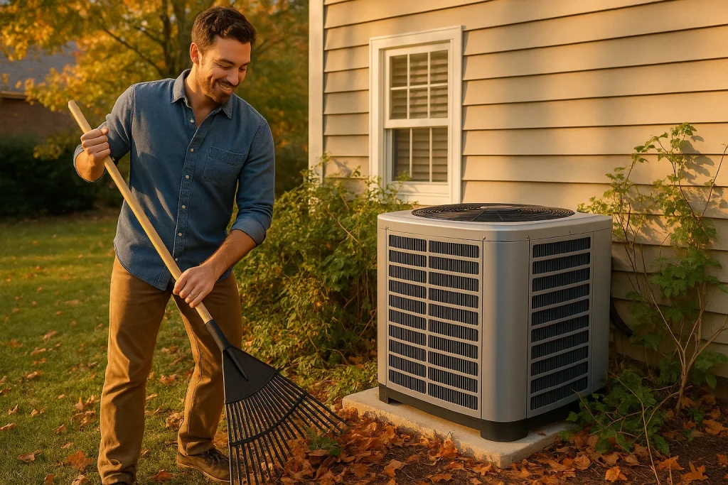 homeowner clearing leaves around outdoor AC condenser unit early fall
