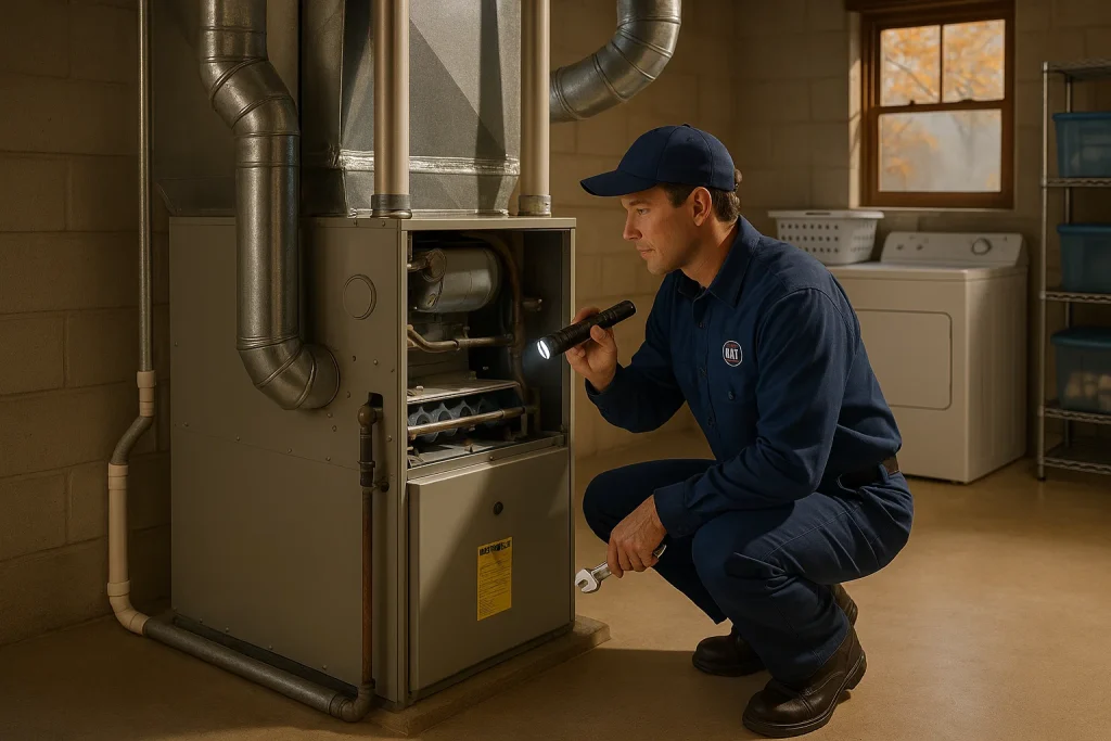 Technician performing early‑fall furnace tune‑up in a Georgia home ahead of winter.