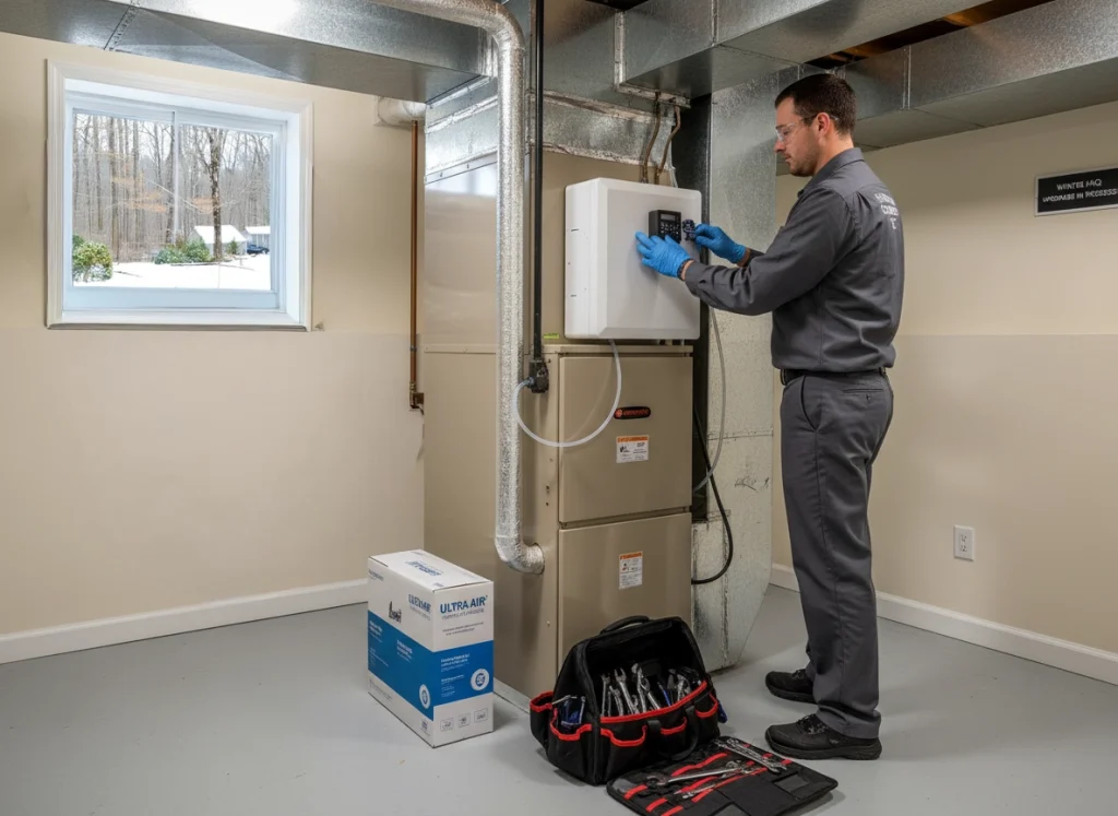 Technician servicing whole-house humidifier system in finished basement