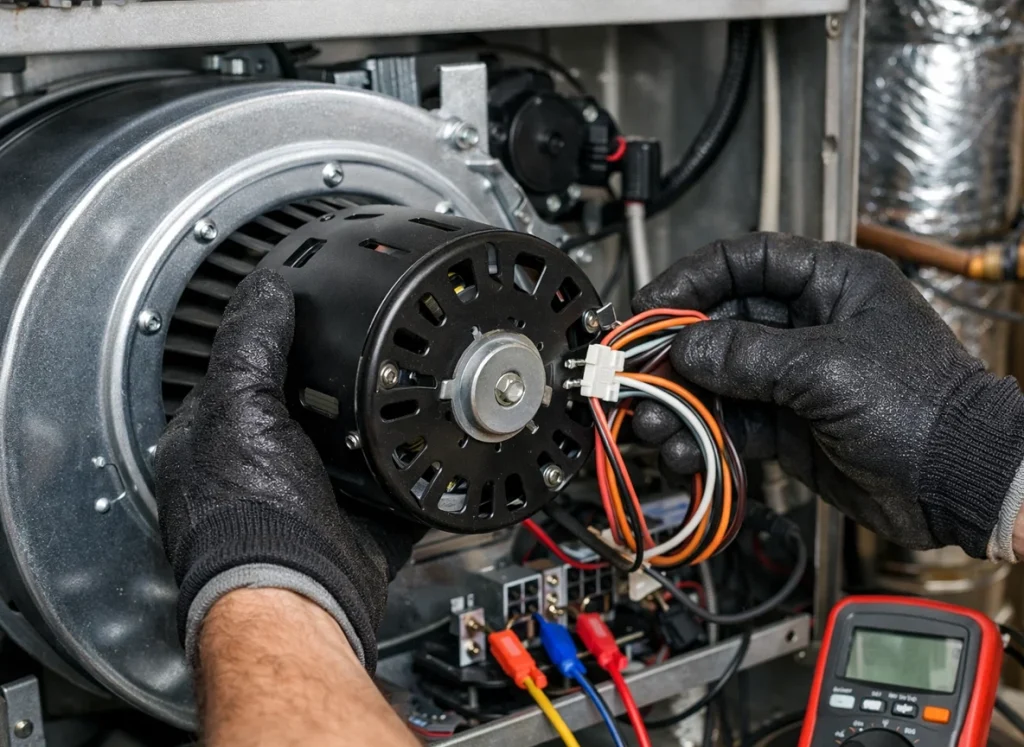 Technician inspecting furnace components during January heating maintenance visit