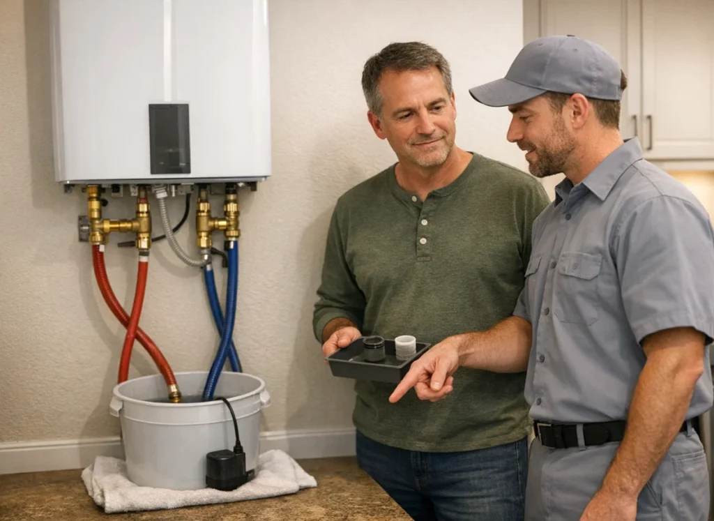 Homeowner learning tankless water heater descaling and filter maintenance in Winder GA